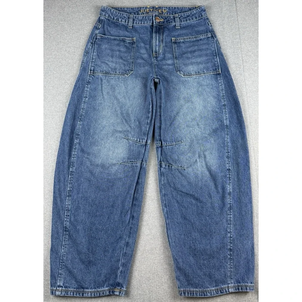 Justice Barrel Jeans Girls Size 18 Blue Wide Leg High Rise Patch Pocket Denim